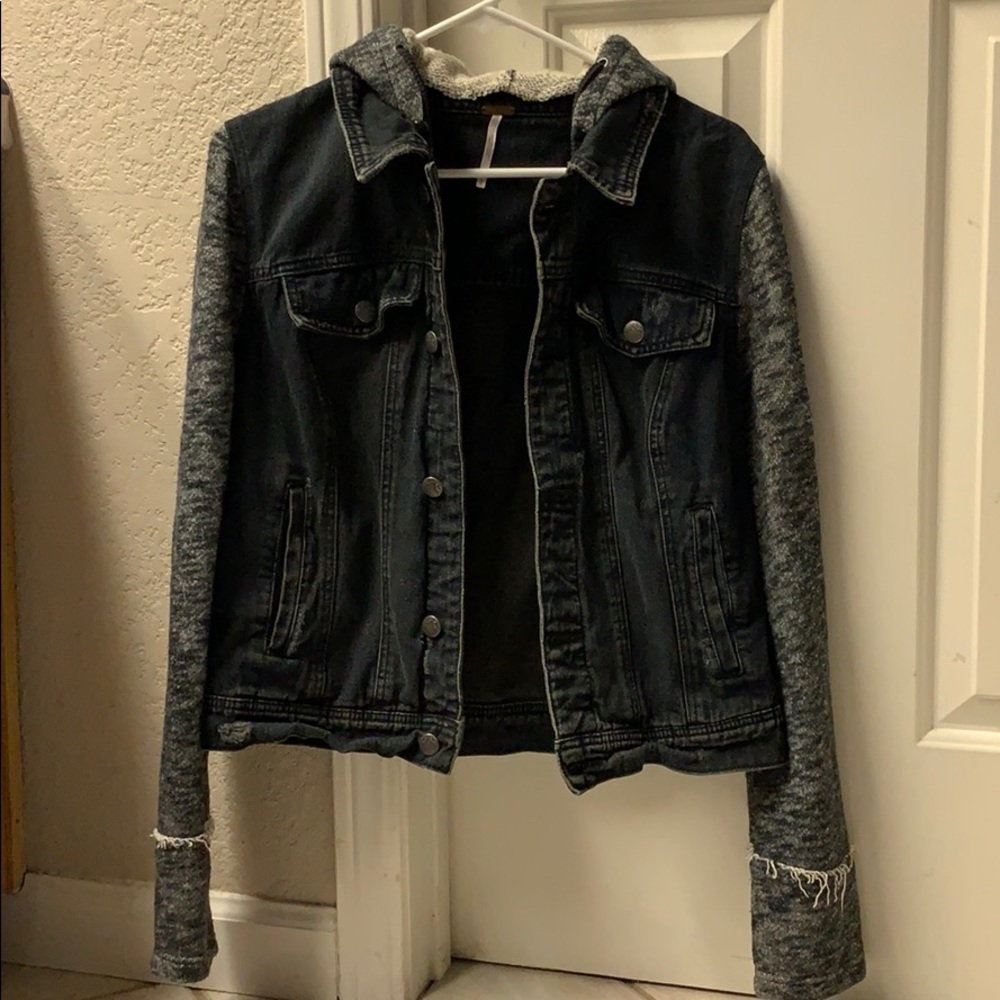 Free People distressed denim and knit jacket